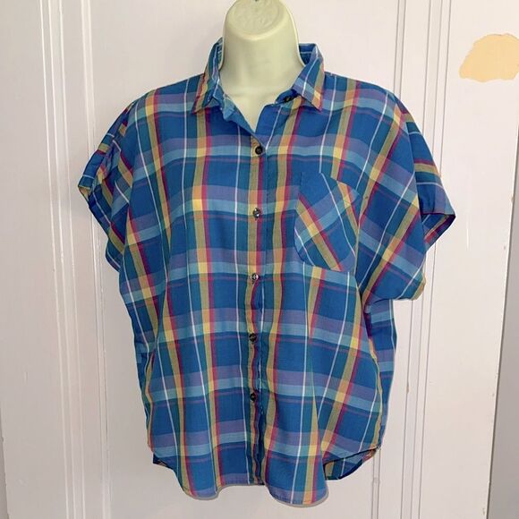 Vtg 80s Blue, Yellow, Pink & Lavender Plaid Button-Up Oversize Cap Sleeve Shirt - Picture 1 of 7